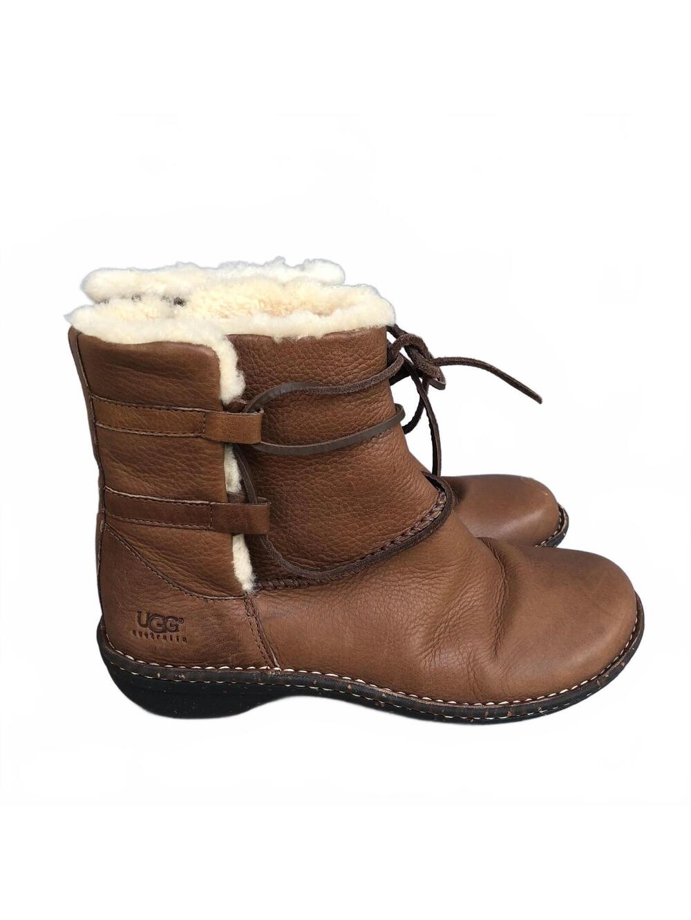 UGG Caspia Australia Brown Leather Shearling Lined Ankle Boots Size 11